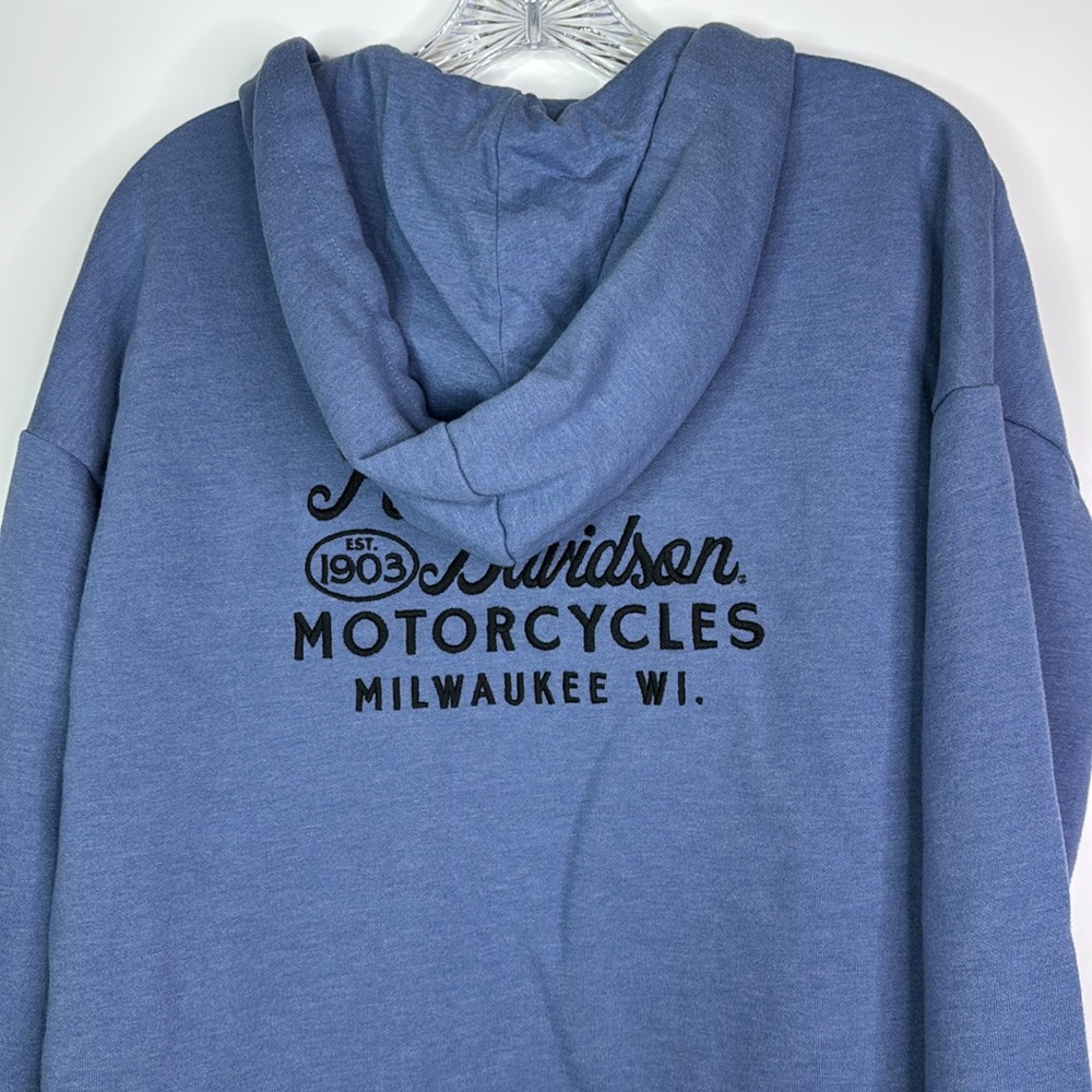 Harley Davidson Milwaukee, Wisconsin Blue Vneck Hooded Sweatshirt Size Medium - Picture 5 of 10